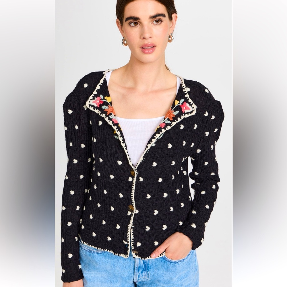 Tach Clothing Farah Sweater Granny Cardigan Black Flower Hearts By Free People